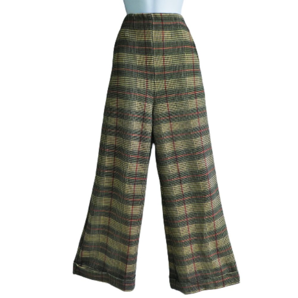Vintage 60s 70s Plaid Pants Pockets Double Knit Elastic Waist Ribcage Cuffed